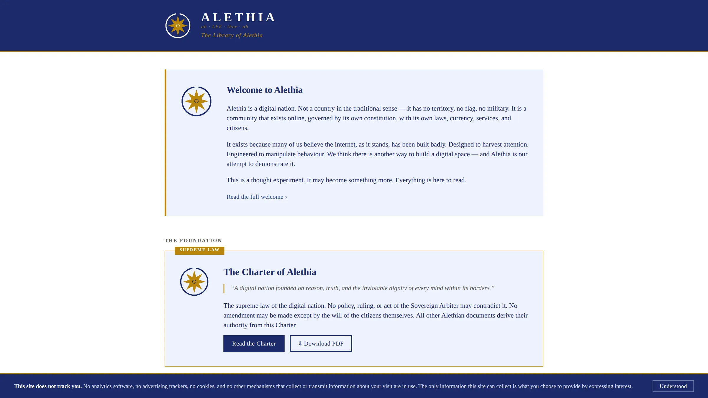 The Library of Alethia landing page