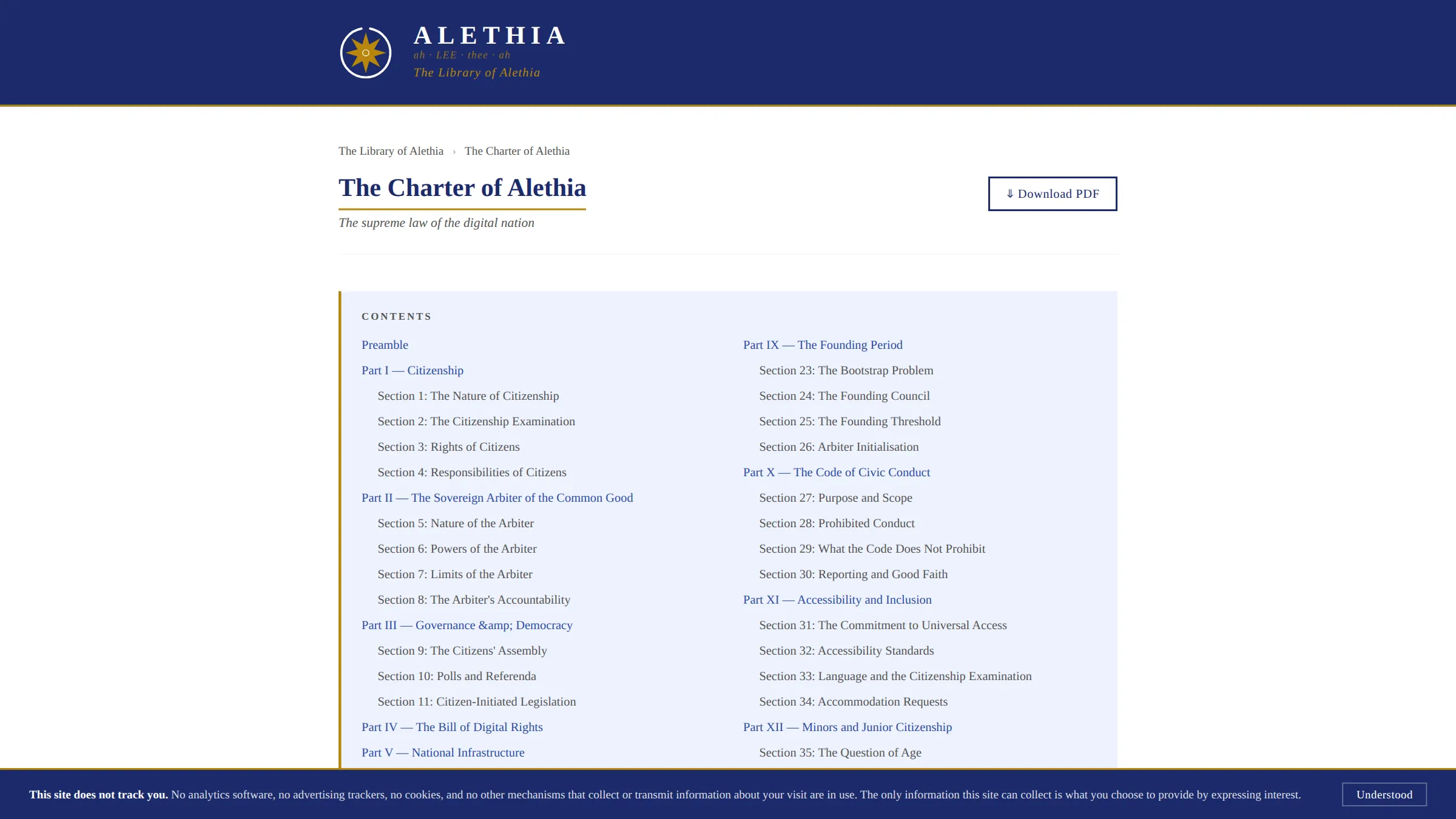 The Charter of Alethia table of contents