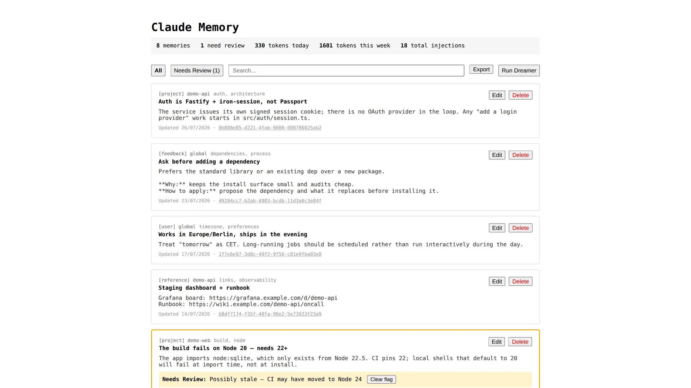 Memory admin UI listing stored memories by type and scope