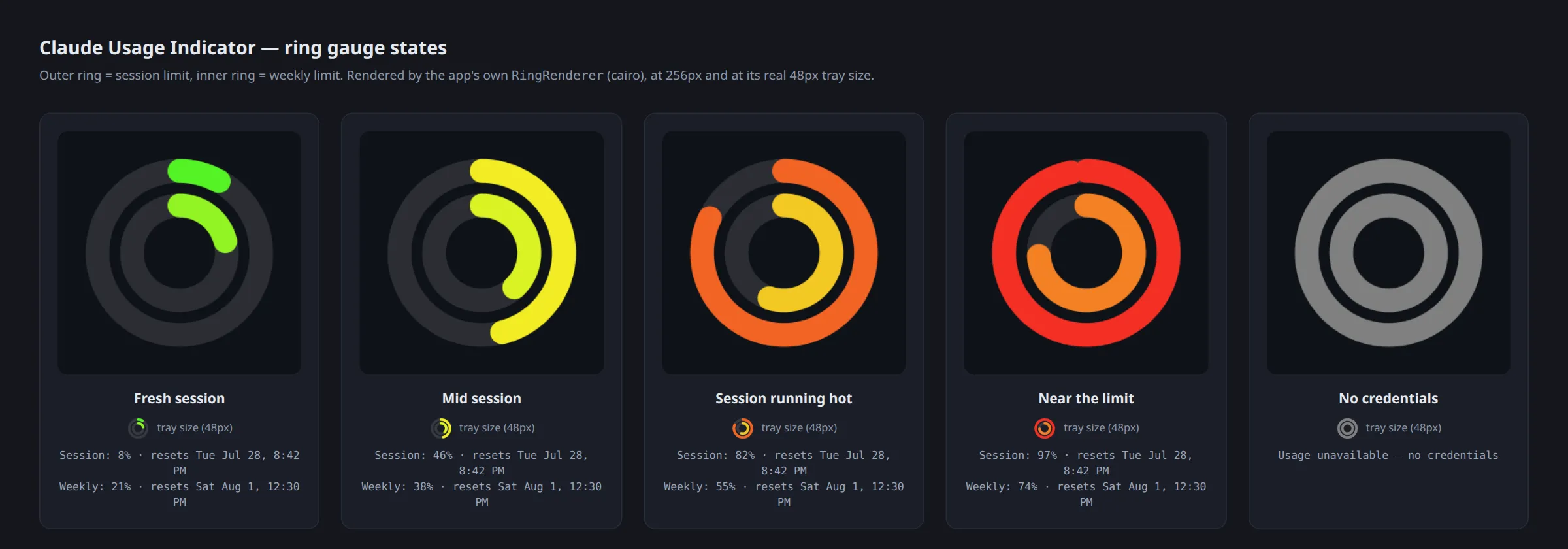 Five ring-gauge states from fresh session through to near-limit and no-credentials