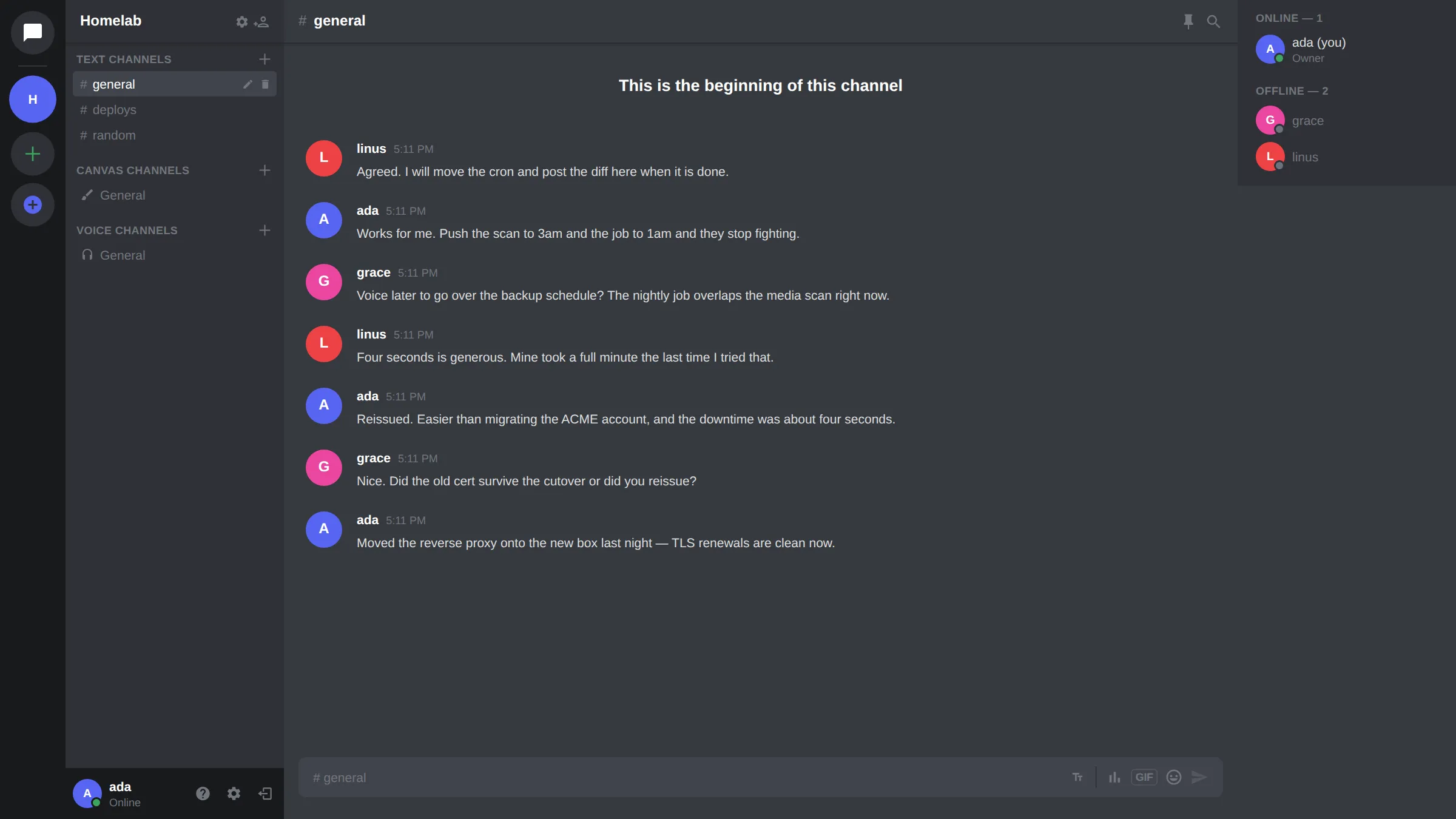 Chat client showing a server, text and voice channels, a conversation and the member list