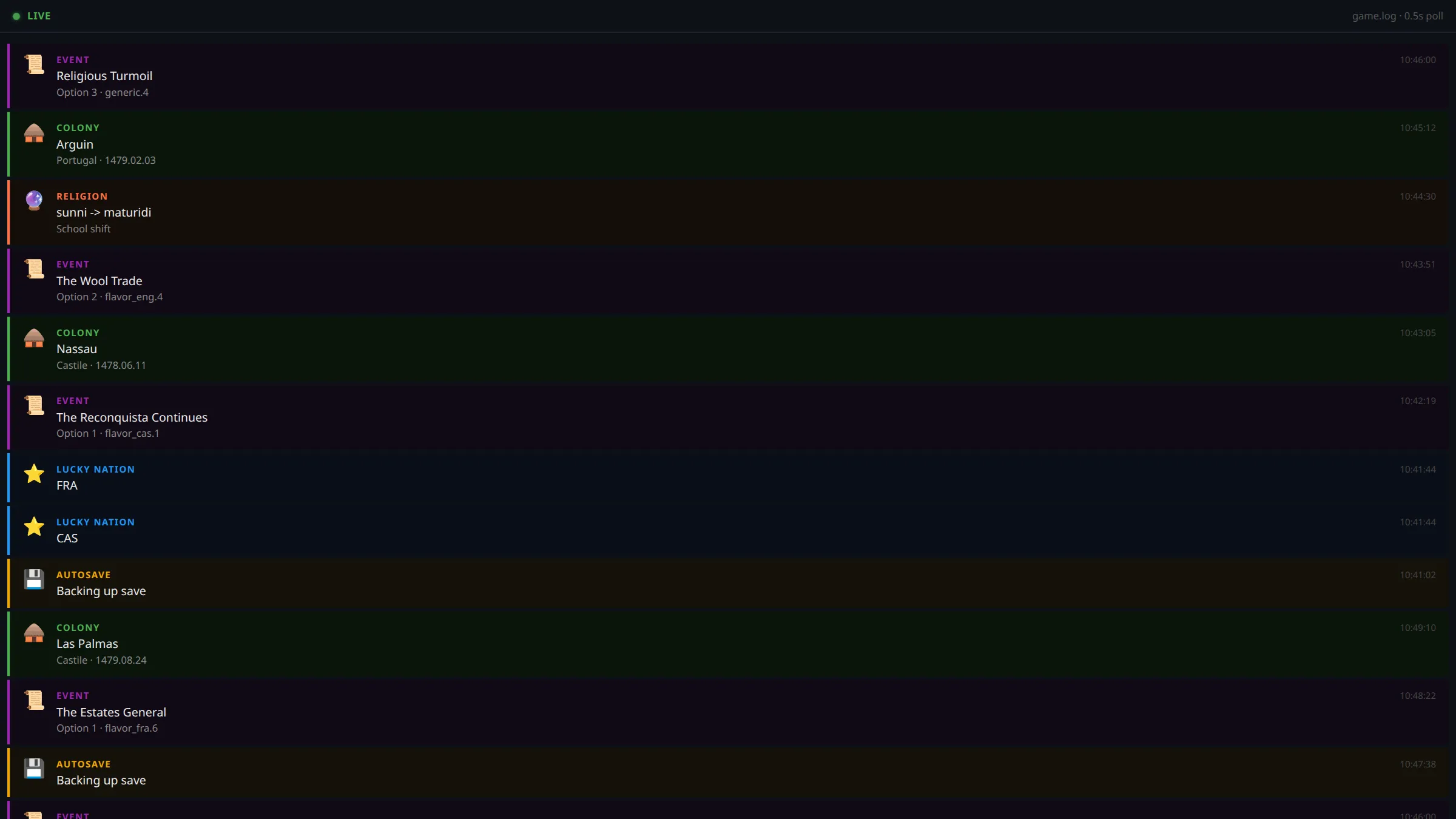 Live event feed showing colonies, events, religion changes and autosaves