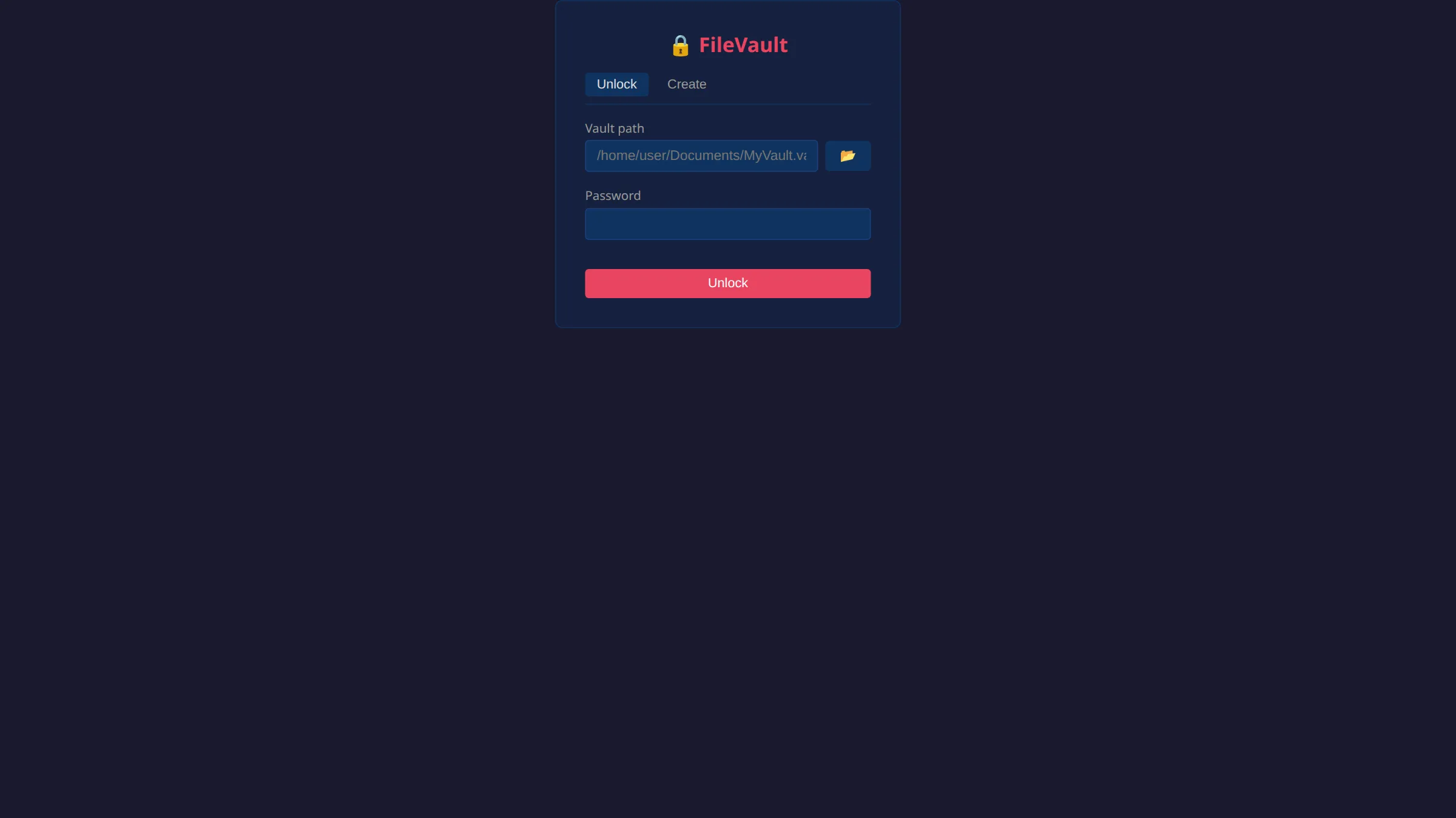 Vault unlock screen asking for a vault path and password