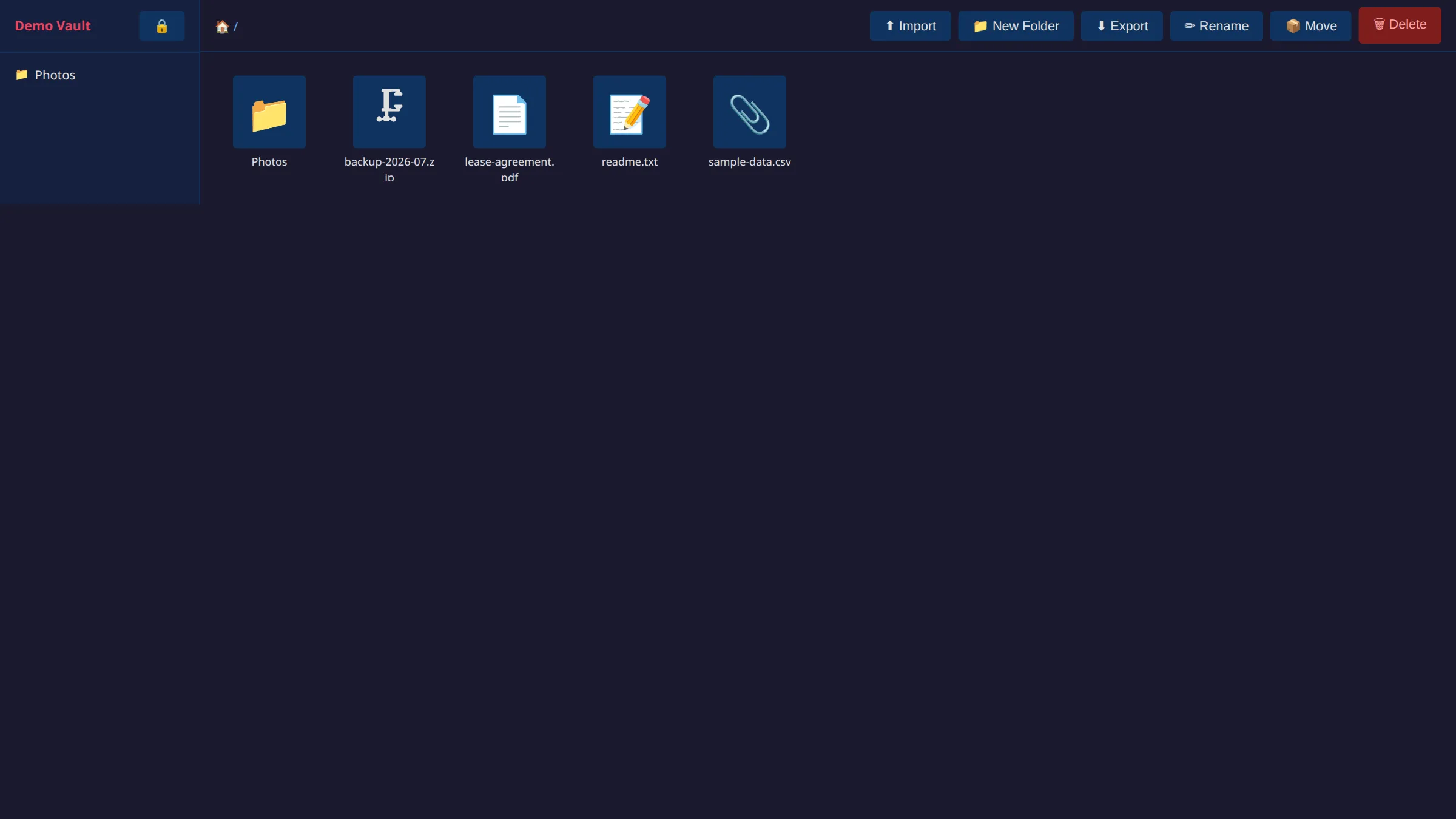 Unlocked vault browsing encrypted files and folders