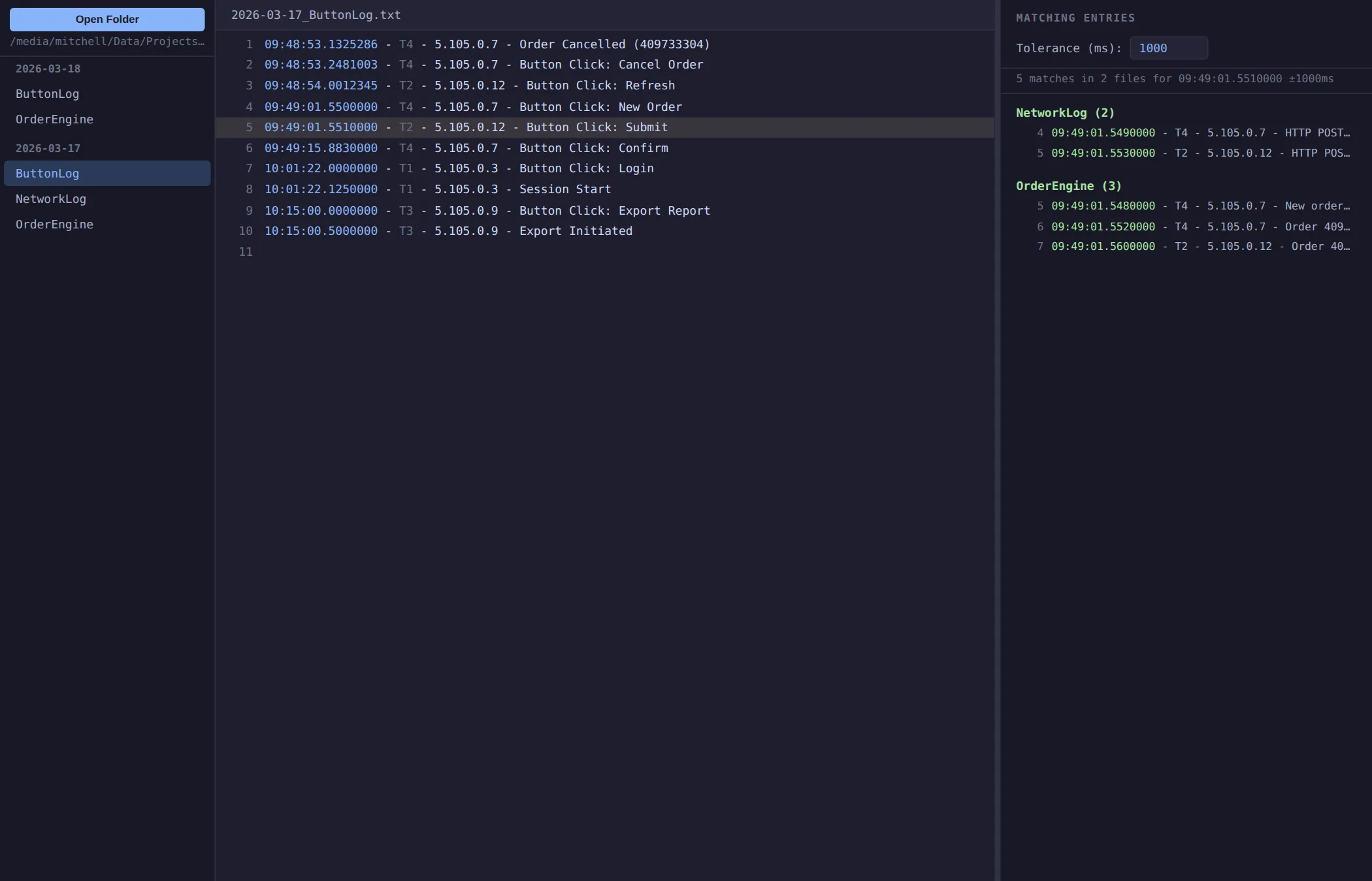 Log line selected in one file with matching entries from two other logs listed alongside