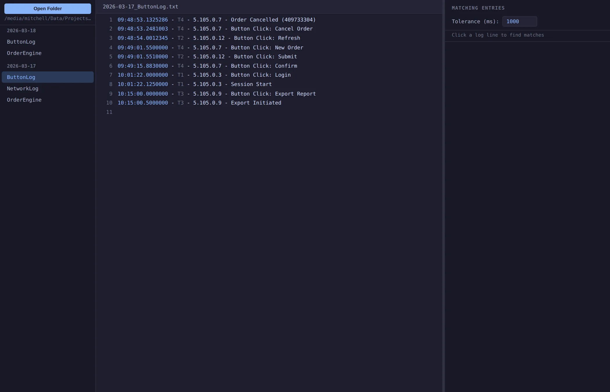 A single log file open with numbered, parsed lines