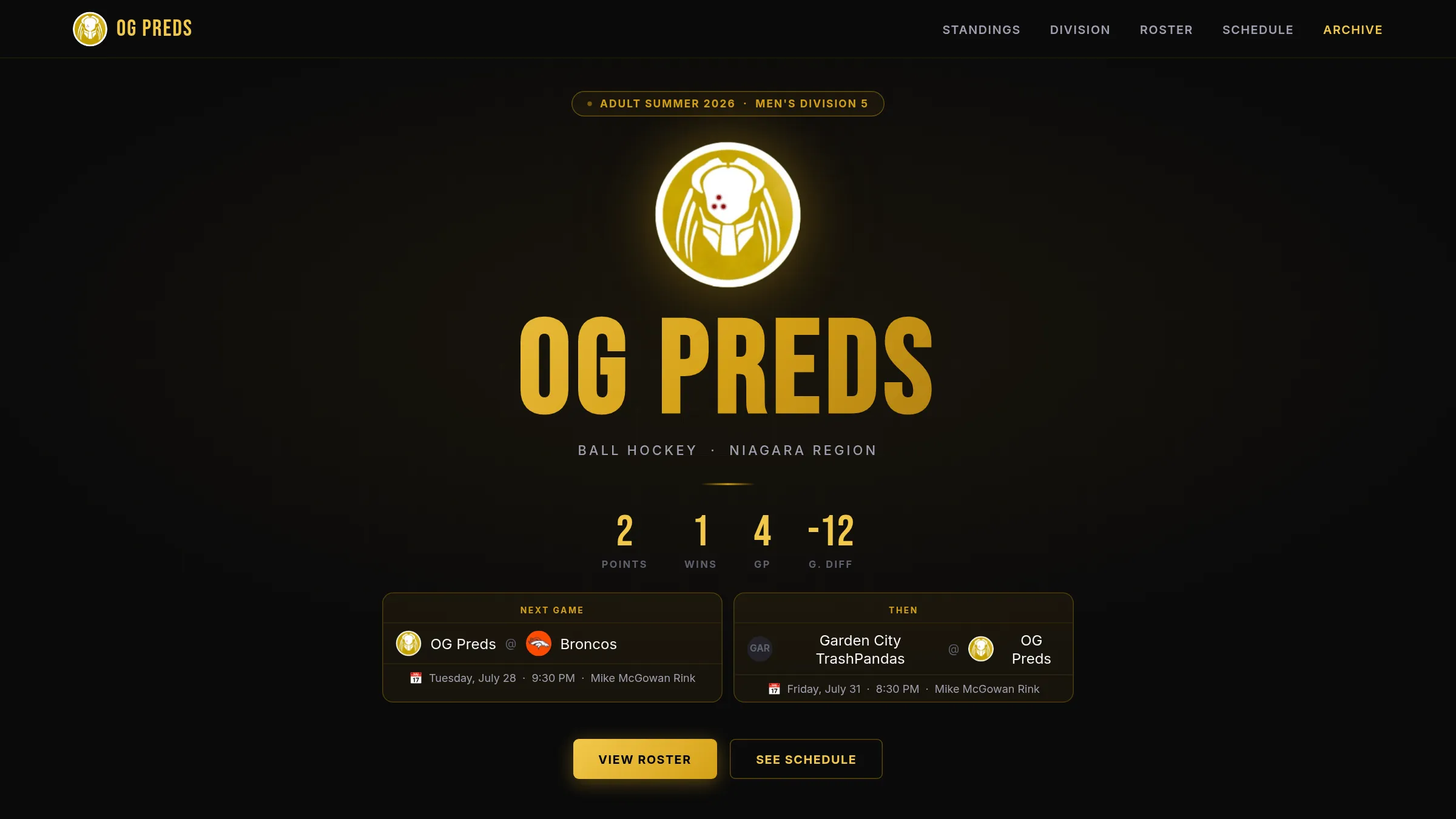 Team homepage with live season stats and the next two fixtures