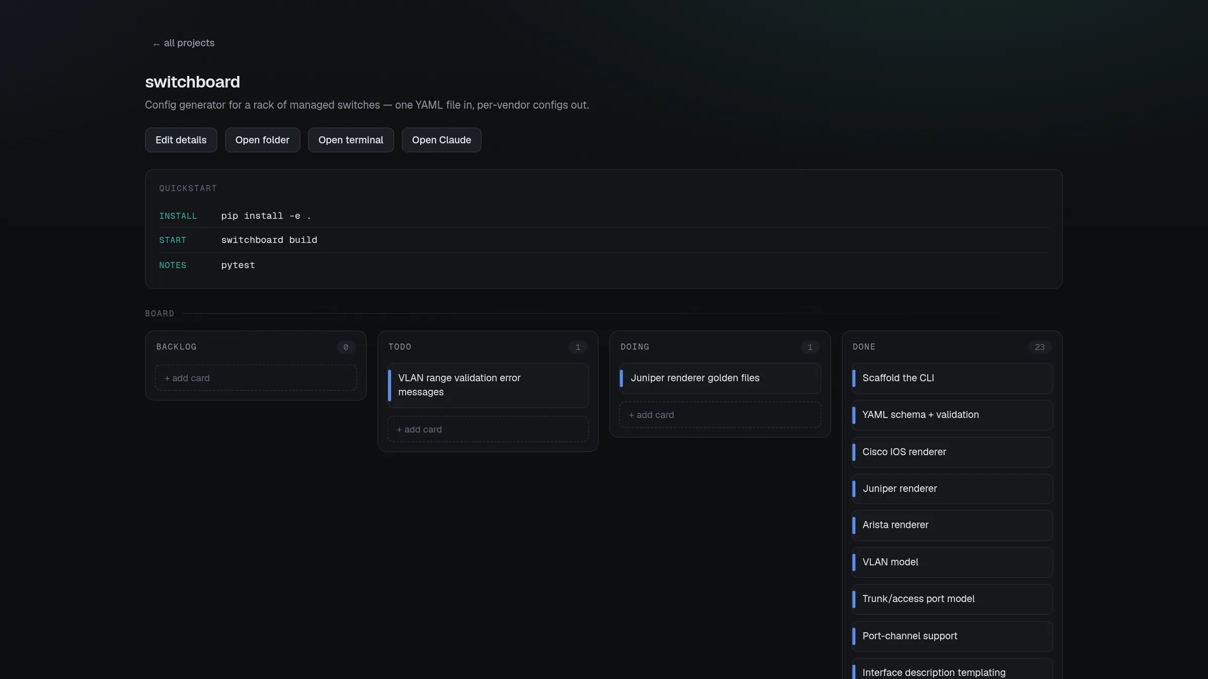 A single project board with backlog, todo, doing and done columns