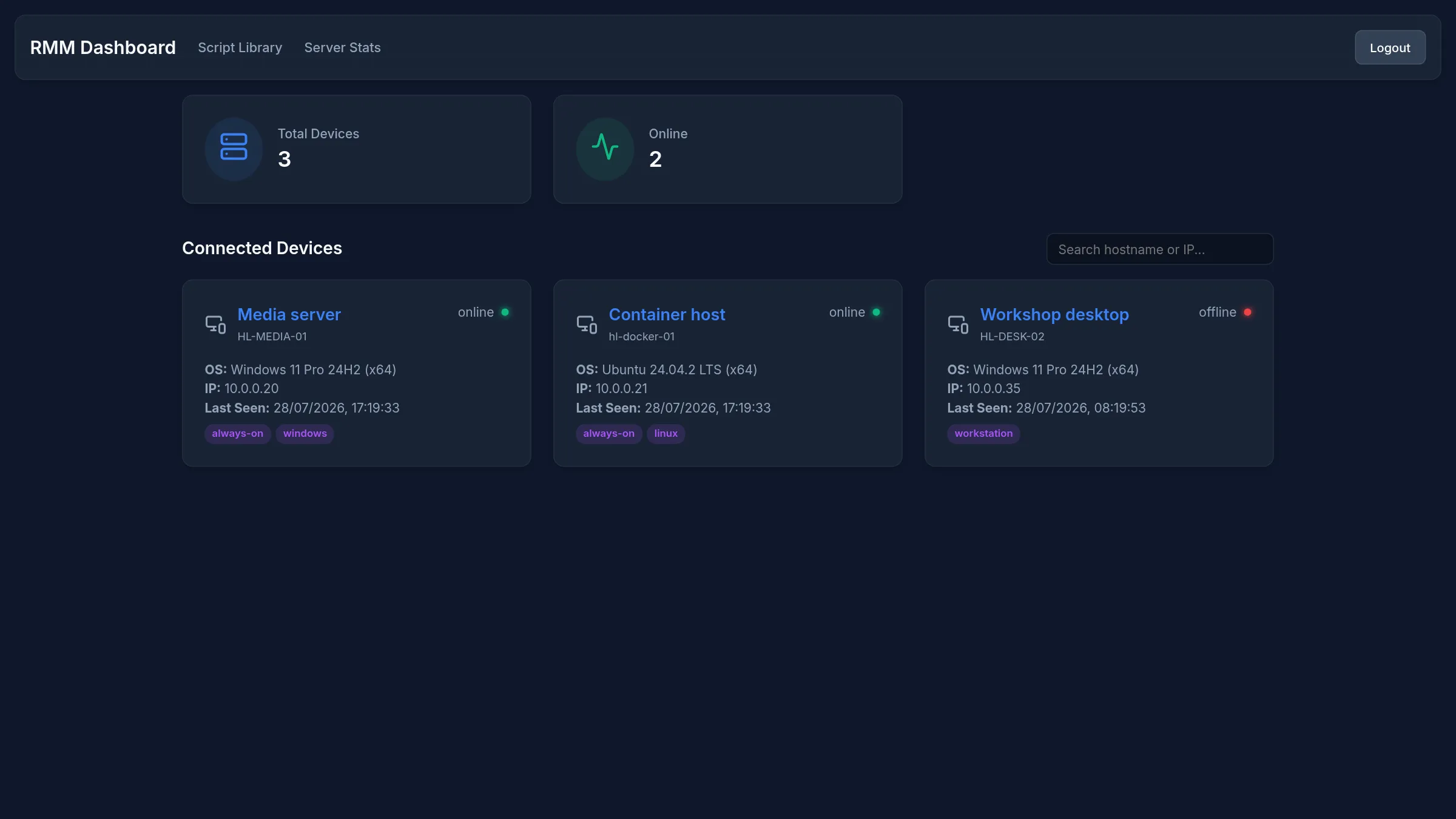 Dashboard listing three managed machines with online status and tags