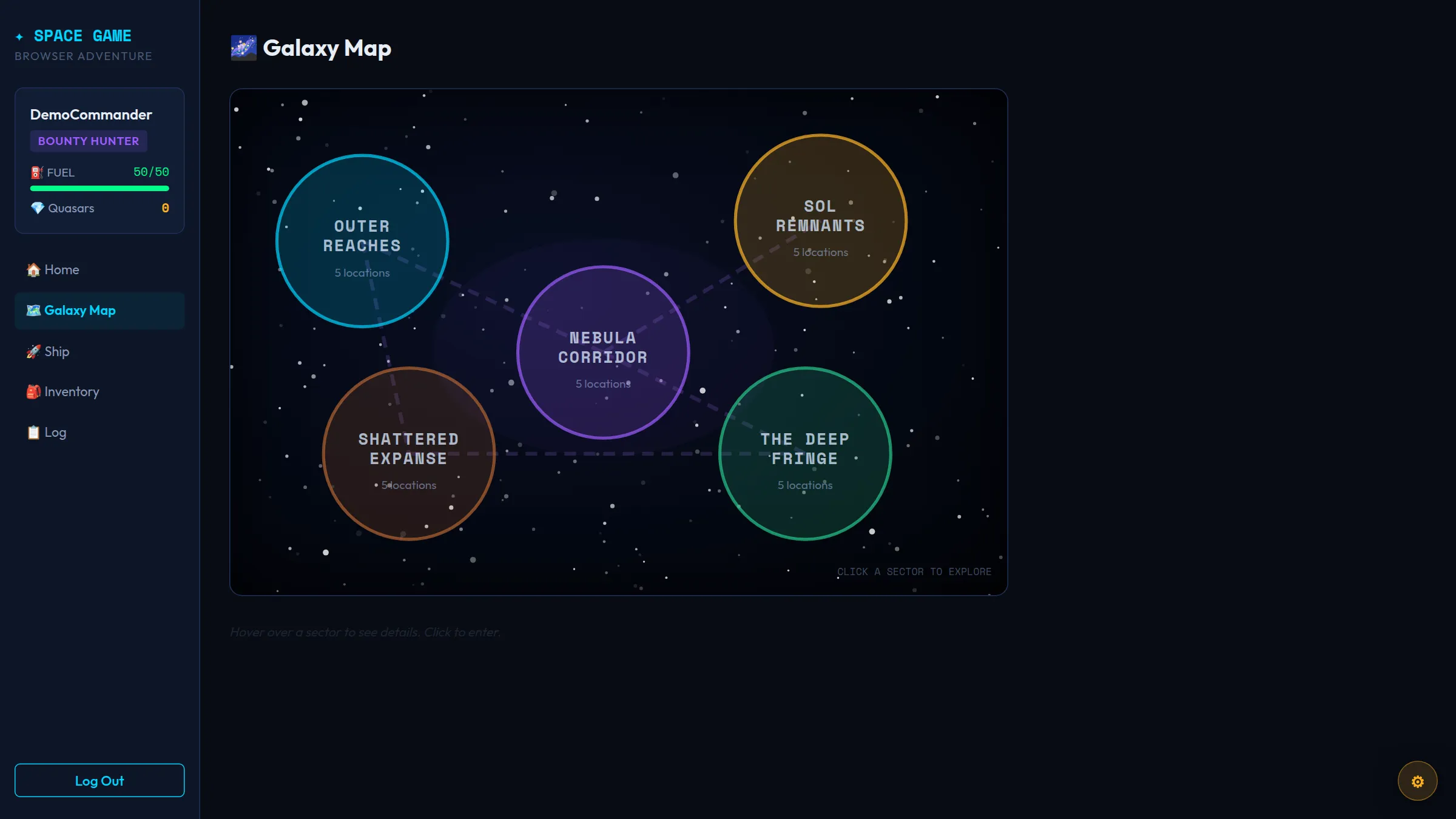Galaxy map with five sectors connected by routes