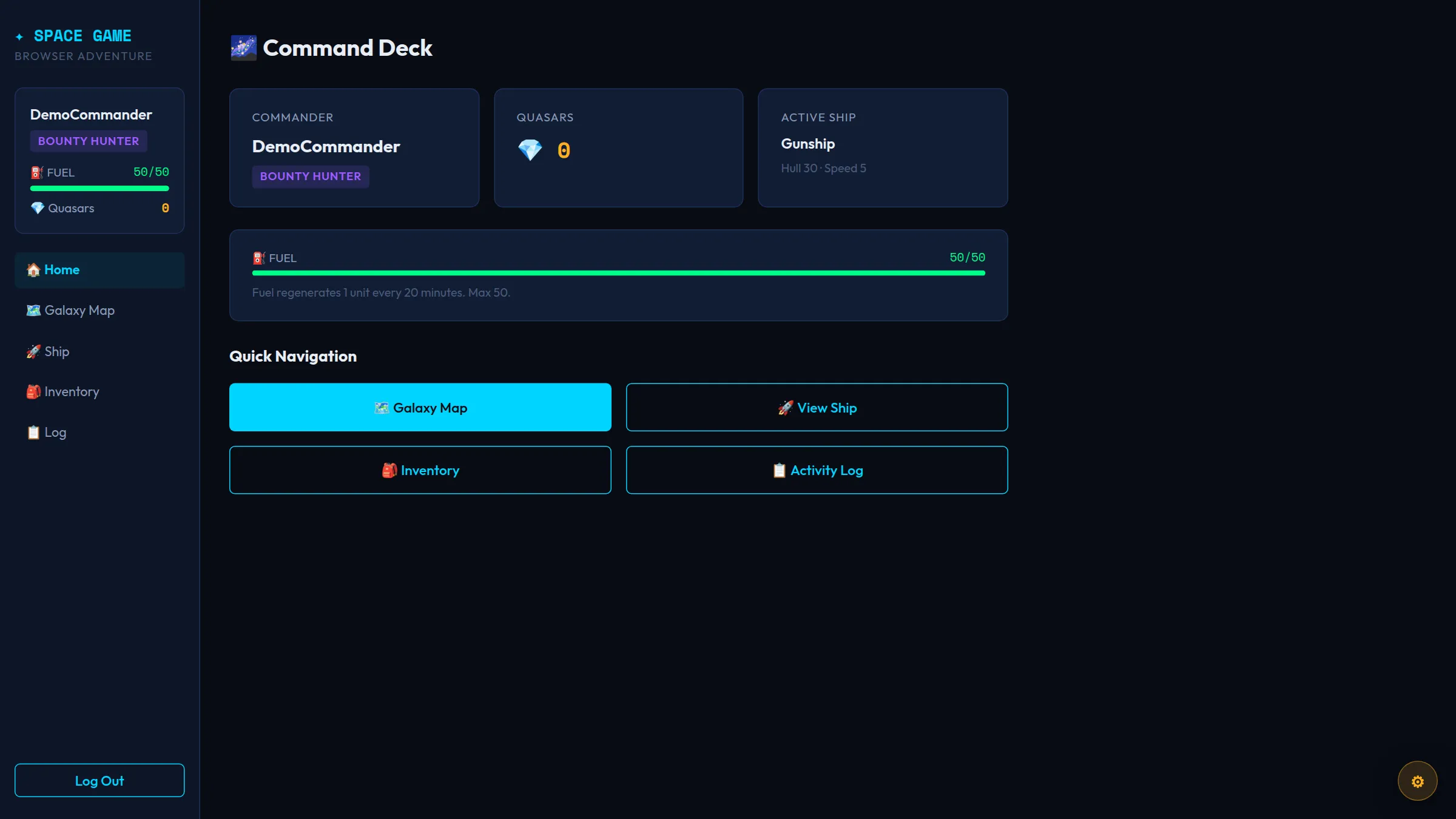 Command deck showing commander, ship and fuel