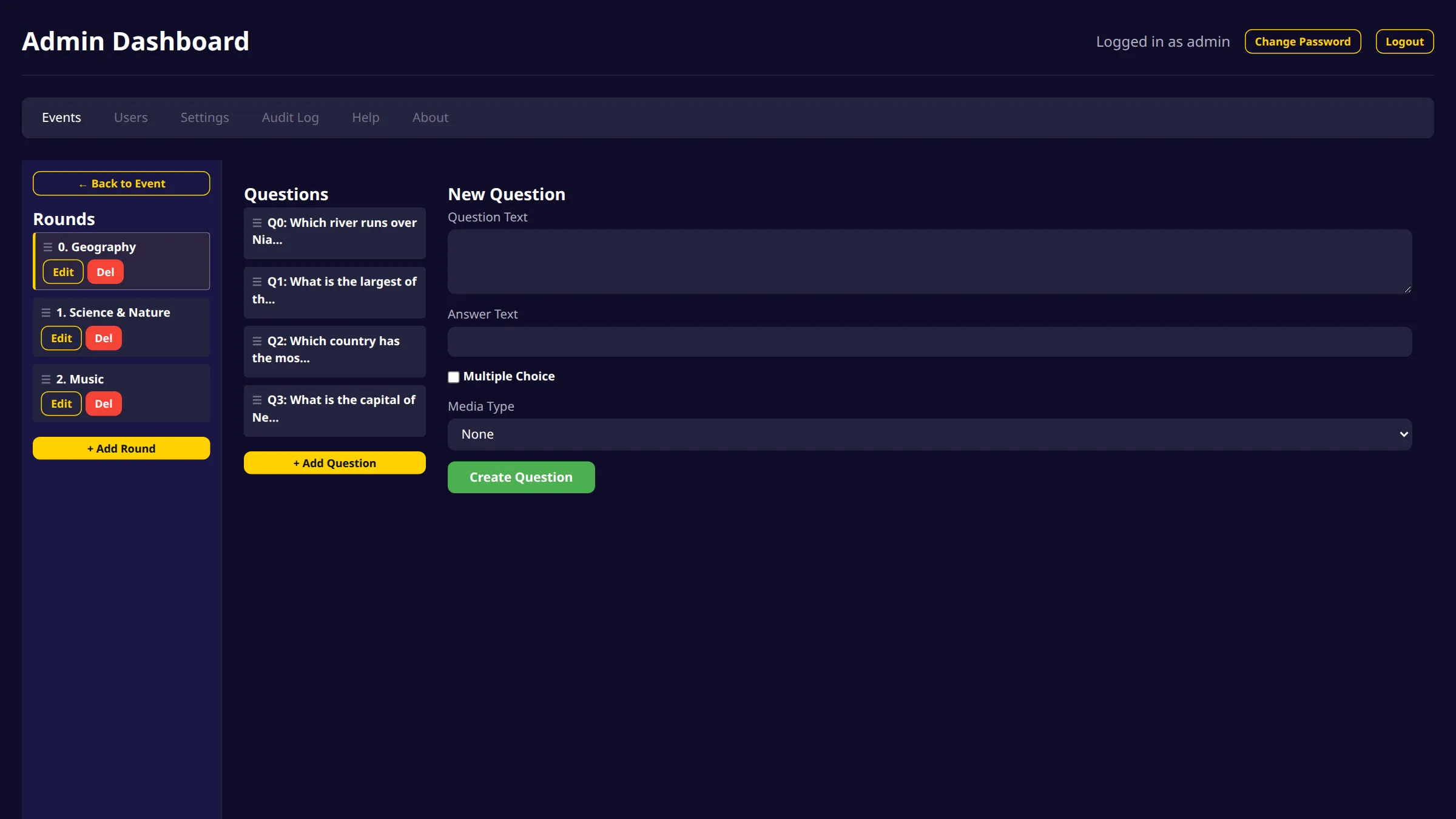Question editor with rounds in a sidebar and a question list