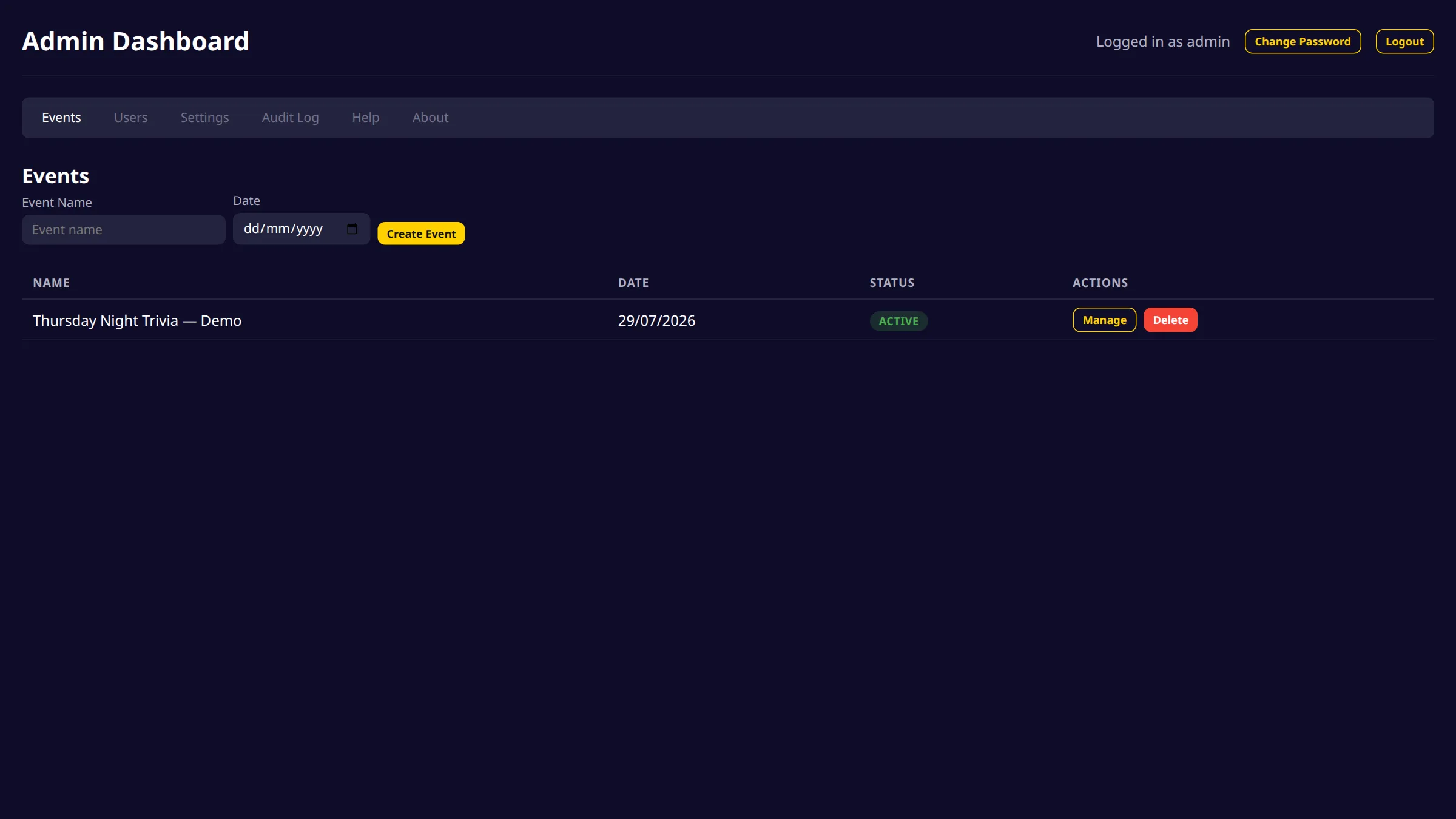 Event list in the admin dashboard